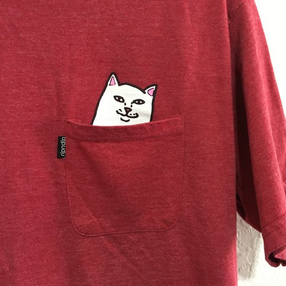 RIPNDIP Red Pocket T Shirt w/White Cat in Pocket Crew Neck Short Sleeves Size M - Picture 5 of 13